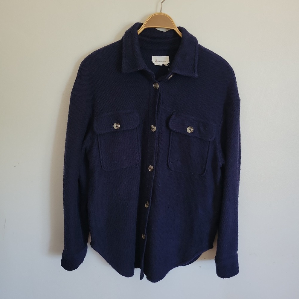 by Anthropologie Textured Knit Button Up Shacket Medium Navy Blue Grunge